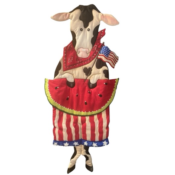 Primitive Vintage Quilted Fabric Cow Patriotic 4th Of July‎ USA Door Hanger ~EUC - Picture 1 of 7
